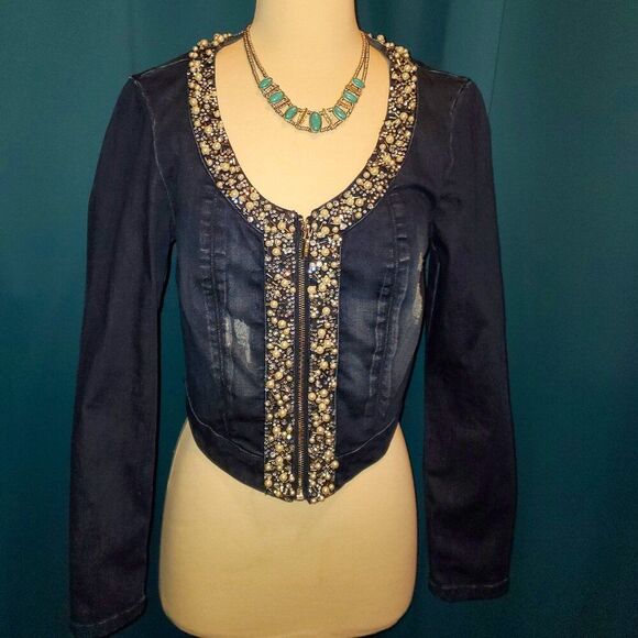 Bebe Embellished Cropped Denim Jacket | Pearl & Jewel Details | Fitted | M - Picture 2 of 10